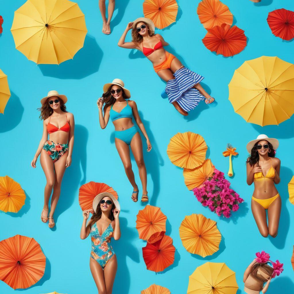 A sun-soaked beach scene featuring stylish swimwear, vibrant sun-kissed outfits, and a diverse group of people enjoying summer fashion. Include beach umbrellas, flip-flops, chic sunglasses, and colorful tropical flowers. The background should have a clear blue sky and shimmering ocean waves. Emphasize warmth, joy, and the essence of summer fashion. super-realistic. vibrant colors. bright background.